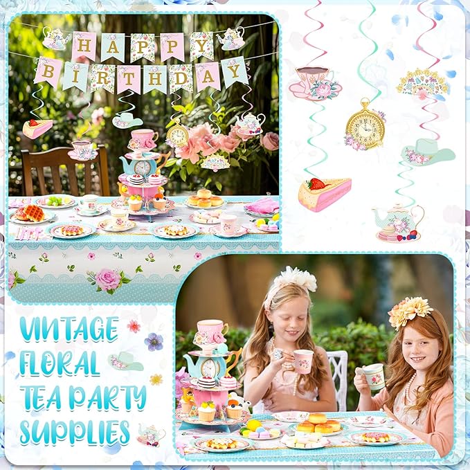 106 Pcs Tea Party Supplies for 12 Guests Include Plates Tea Cups Saucers Napkins Cupcake Stand Tablecloth Banners Floral Tea Party Tableware Set for Girls Birthday Baby Shower Party Favors