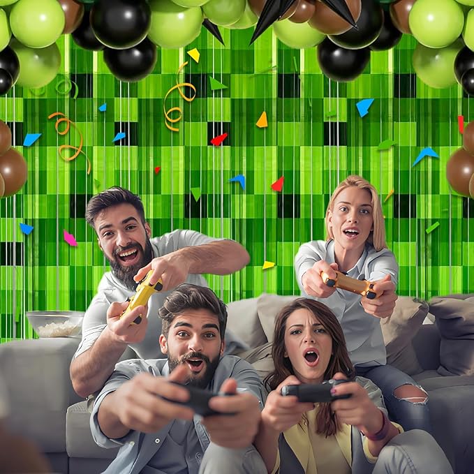 3.2x6.6ft Green Foil Fringe Curtains Pixel Birthday Party Decorations, 4 Pcs Video Game Door Streamers Banner Gaming Birthday Party Decorations Supplies for Boys Favors