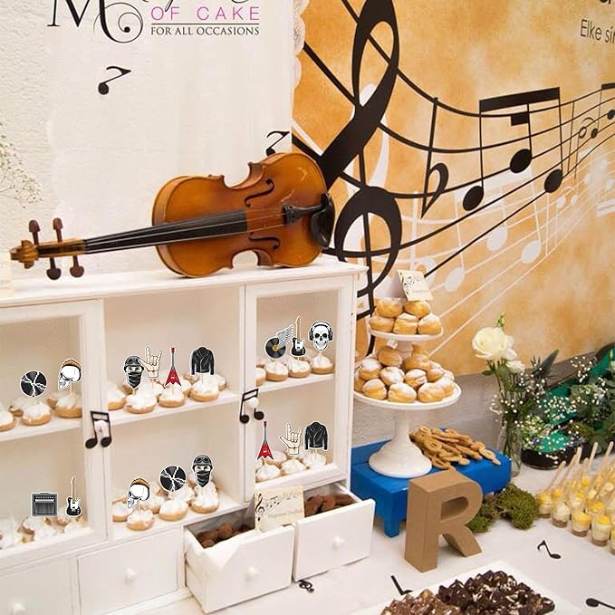 30 PCS Rock and Roll Party Cupcake Toppers Rockstar Music Cupcake Picks Guitar Musical Instrument Cake Decorations for 80's Retro Muscial Theme Baby Shower Birthday Party Supplies
