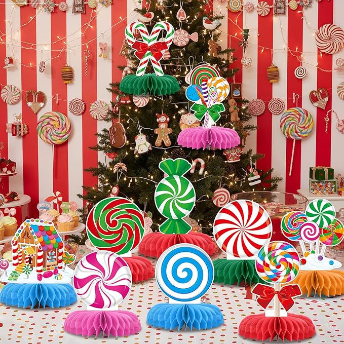 12 Pack Christmas Party Centerpieces for Tables Candy Theme Christmas Table Honeycomb Centerpieces Holiday Party Decorations Table Toppers for Xmas Festive Classroom Office Winter Decor