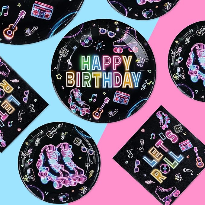 250Pcs Roller Skating Party Supplies Skating Birthday Plates Napkins Cups Neon Let’s Roll Disposable Paper Tableware Set for Kids Boys Girls Roller-Skate Birthday Party Decoration Serves 50