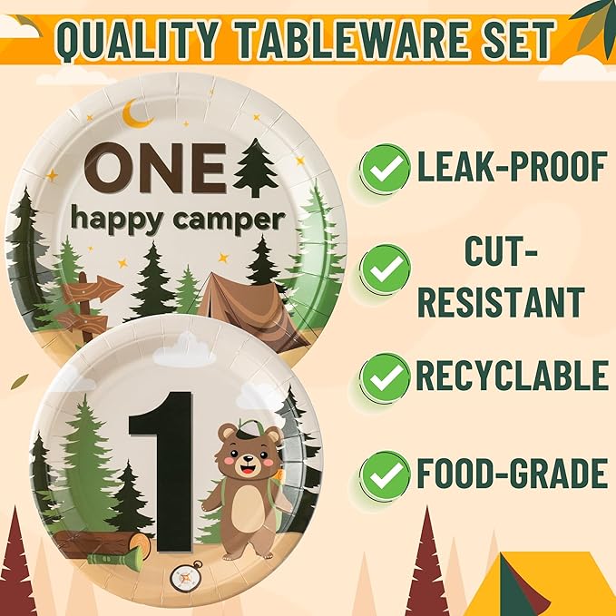 Camping Tableware Party Supplies - 96Pcs One Happy Camper Tableware Decorations Camping Adventure Themed Disposable Paper Plates Napkins Forks for Kids Boy 1st Birthday Baby Shower Serve 24