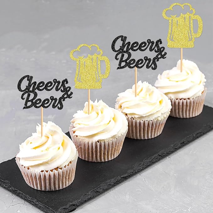 Ercadio 24 PCS Beer Party Cupcake Toppers Cheers and Beers Happy Birthday Decor for Father's Day Whiskey Beer Cake Topper Favor for Summer Family Party Decor Supplies