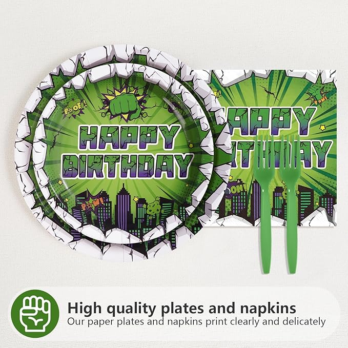 96Pcs Green Hero 3rd Birthday Party Supplies Super Green Hero 3rd Birthday Plates and Napkins Cityscape Super Bang Cartoon Movie Tableware Set for Kid 3 Year Old Party Supplies，Serves 24