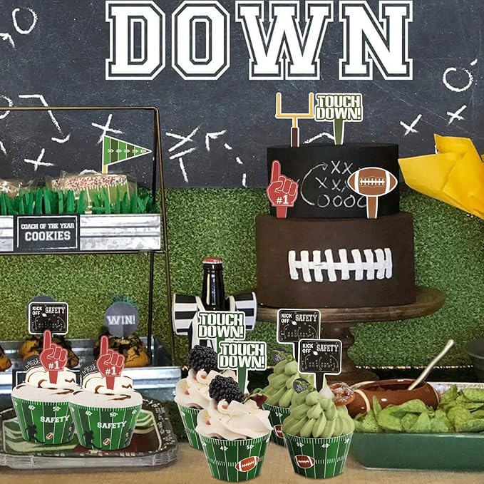 48 Pack Football Cupcake Toppers and Wrappers, Rugby Touchdown Cake Decoration for Football Theme Birthday Party Sports Game Day Party Supplies