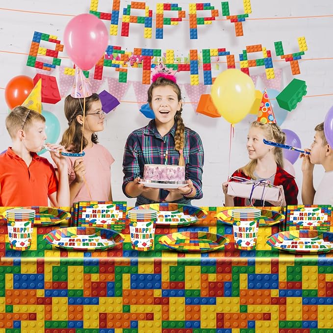 Building Block Birthday Party Supplies Colorful Building Block Party Decorations Includes Paper Plates Napkins Cups Banner Tablecloth for Boys Kid’s Birthday Party Decorations, Serve 24