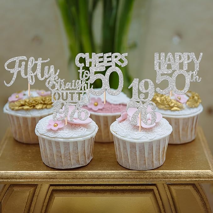 30PCS 50th Birthday Cupcake Toppers Glitter Fifty Happy 50 Straight Outta 1976 Cupcake Picks for Cheers to 50 Years 50th Birthday Wedding Anniversary Party Cake Decorations Supplies Silver