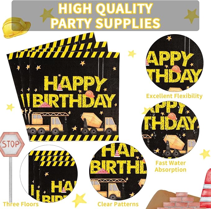 96 Pcs Construction 3rd Birthday Party Supplies 350 GSM Construction Plates Napkins Forks Tableware Set Excavator 3rd Birthday Decorations for Boys Dump Truck Theme 3 Year Old birthday Decor Serves 24