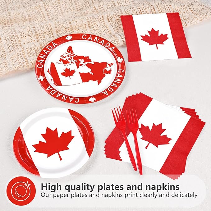 96Pcs Canadian Flag Party Supplies Canada Day Plates and Napkins Tableware Sets Red and White Canada Birthday Decorations for Canadian Theme Family Gathering Party Favors Decor Serves 24