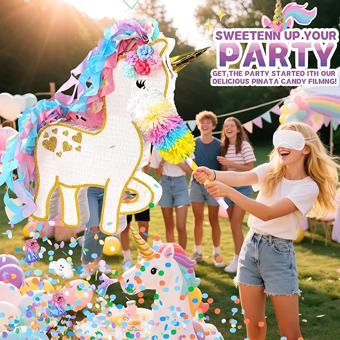 24" Large Rainbow Unicorn Pinata for Birthday Party, Large Magical White Unicorn Party Decorations with Gold Horn, Paper Mache Pinata for Candy Fillers, Pull String/Hit Game for Kids Girls Teens