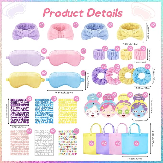 72 Pcs Spa Sleepover Party Supplies for Girls With DIY Stickers And Greeting Card Mix Color Headband Wristbands Eye Mask Hair Scrunchie Tote Bag Sleeping Slumber Party Favors