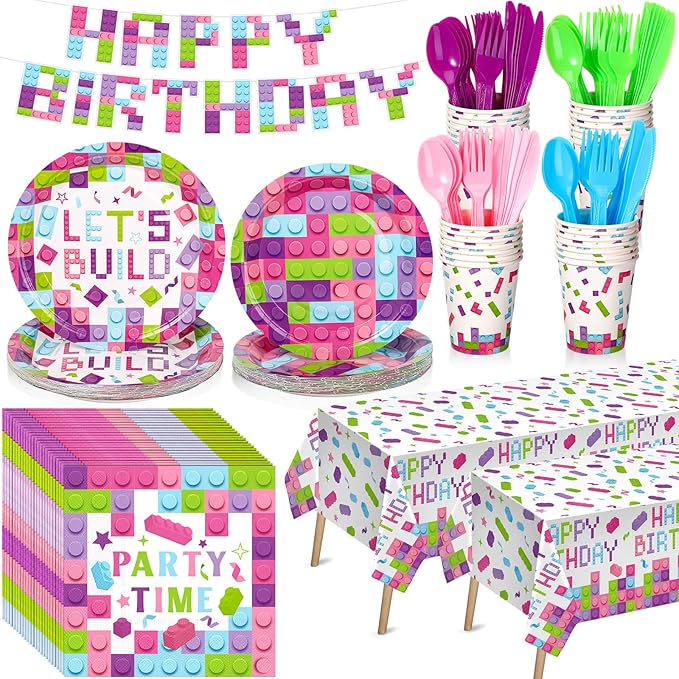Gejoy 171 Pcs Building Block Birthday Party Supplies Tableware Kit Include Plates Cups Knives Forks Spoons Napkins Tablecloths Banner for Girls Birthday Party Decoration Serve 24 Guest (Sweet Color)