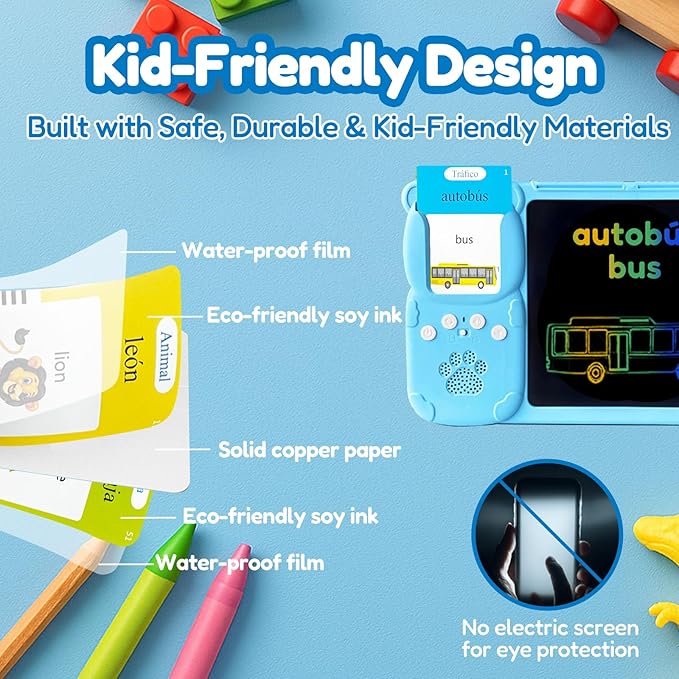 Drawing Tablet with Bilingual Flashcards for Kids - Spanish English Talking Flash Cards, LCD Writing Pad Board, Pocket Speech for Toddlers, Learning Toy Gift for Boys Girls (Spanish, Blue)