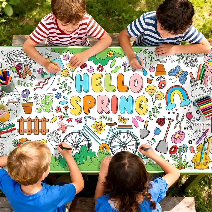 Gatherfun Hello Spring Giant Coloring Poster for Classroom - 31.5x72 Versatile Spring Activity Poster/Table Cover for School Parties,Birthday & Special Events Decoration