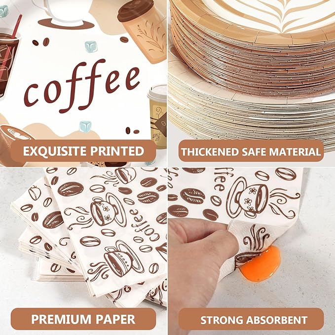 180Pcs Coffee Party Supplies Serves 60,Fun Coffee Cup Theme Paper Plates and Napkins Set for Baby Shower Birthday Party Decorations