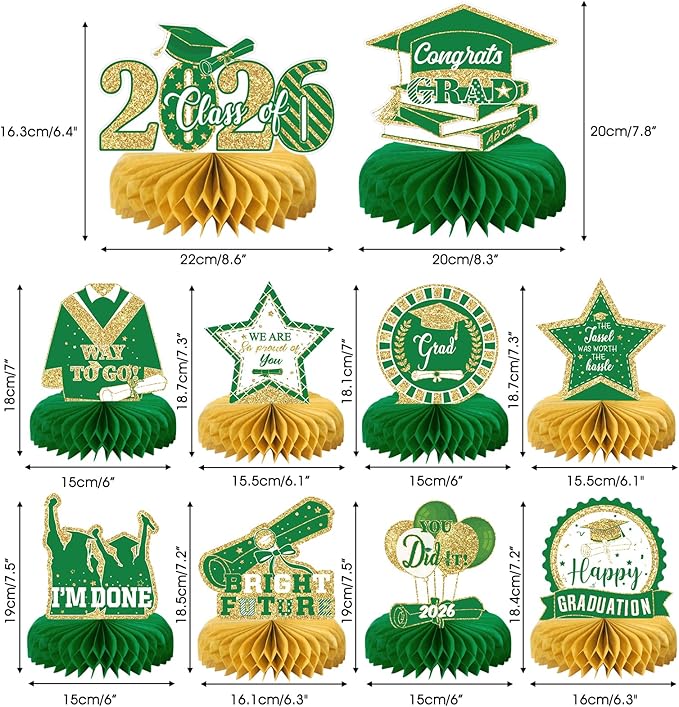 10PCS Graduation Party Decorations Class of 2026 Congrats Grad Table Centerpieces Congratulate Graduation Honeycomb Table Toppers for Graduation Party Supplies(Green Gold)