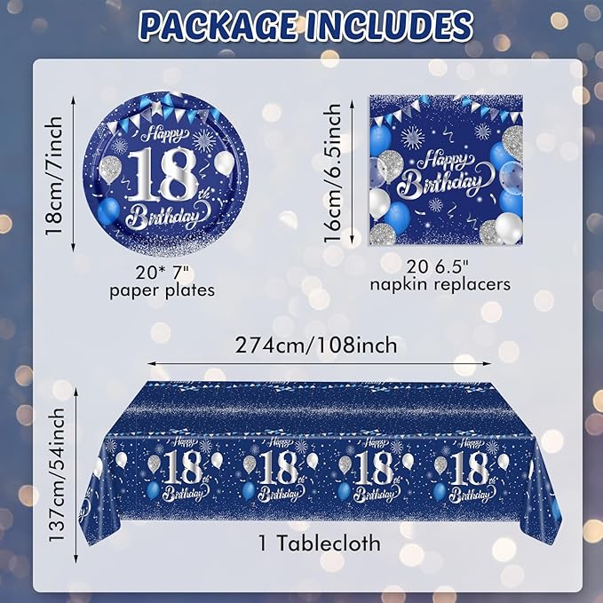 Blue 18th Birthday Decorations for Boys Girls Navy Blue Silver Happy 18th Birthday Napkins Tablecloth Plates for 18th Birthday Anniversary Party Supplies 18 Year Old Party Decorations