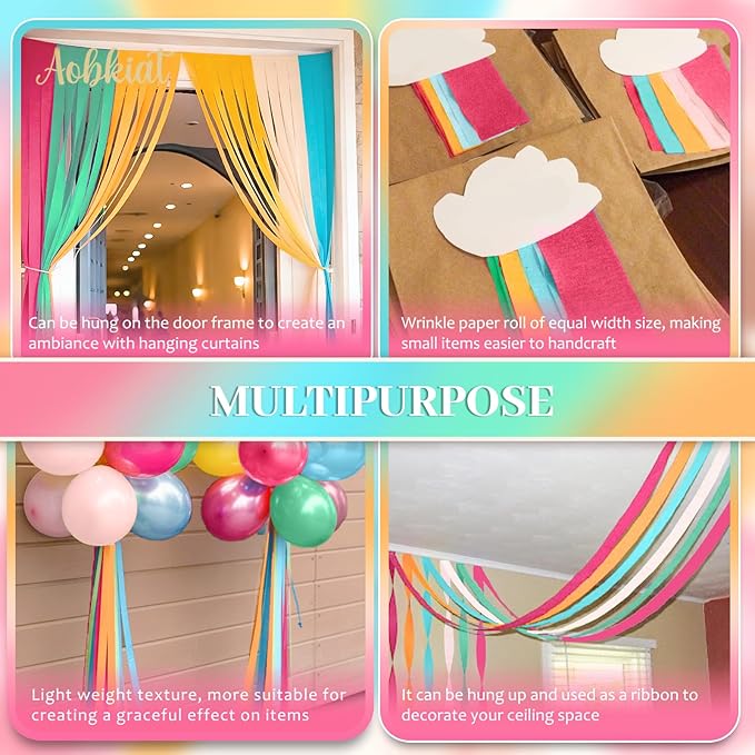 AOBKIAT 5 Rolls Rainbow Party Streamers Crepe Paper,Candyland Party Decorations for Christmas,Birthday,Wedding,Bachelorette,Bridal/Baby Shower,Hanging Candyland Backdrop Decoration