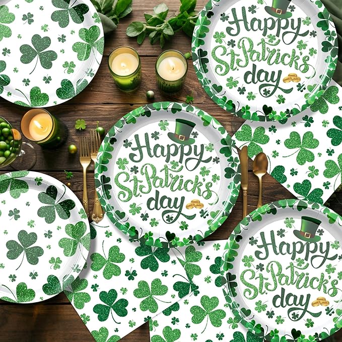 St. Patrick's Day Party Supplies Irish Themed Disposable Dinnerware Set with Lucky Shamrock Plates, Napkins, Cups, Banner and Tablecloth for St Patricks Day Saint Irish Party Decoration, Serves 24
