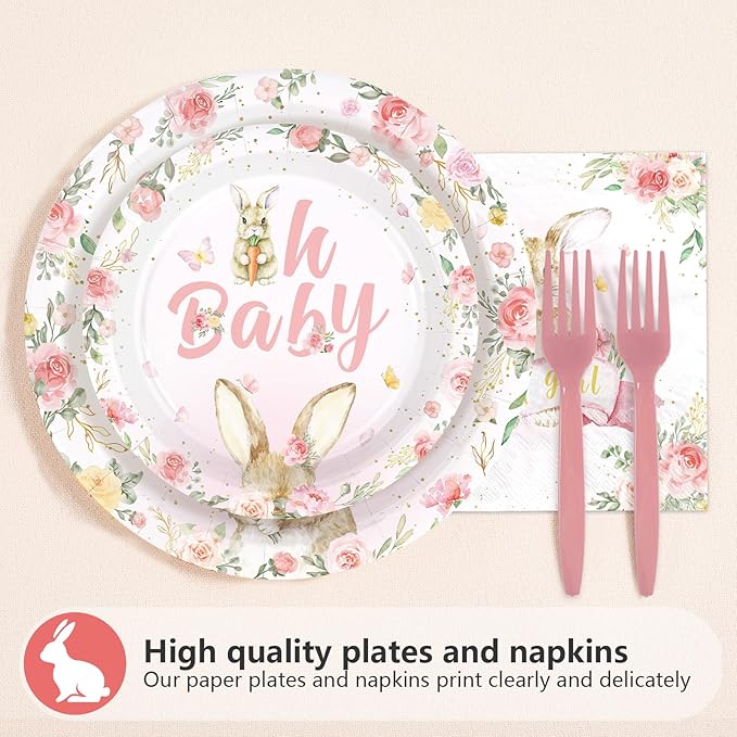 96 Pcs Easter Bunny Baby Shower Party Supplies A Little Bunny is on The Way Plates and Napkins Disposable Pink Floral Rabbit Tableware Set for Girls Baby Shower Party Decorations Serves 24