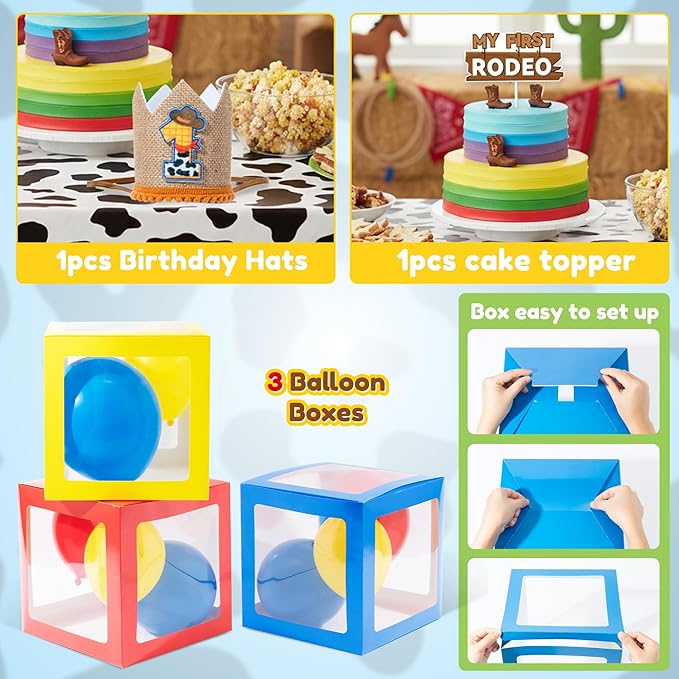One Story Birthday Decorations for Boys - My First Rodeo Theme Party Favor for Baby Shower Decoration Include Birthday Hat Cake Topper Backdrop Tablecloth Photo Banner Arch Balloon Boxes Poster