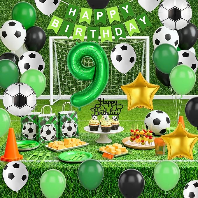 Soccer Birthday Party Decorations for Boys, 9th Soccer Birthday Decoration with Green Black White Balloons 'HAPPY BIRTHDAY' Banner Cake Toppers 32in Foil 9 Balloon for Kids Boys Sport Party Decor