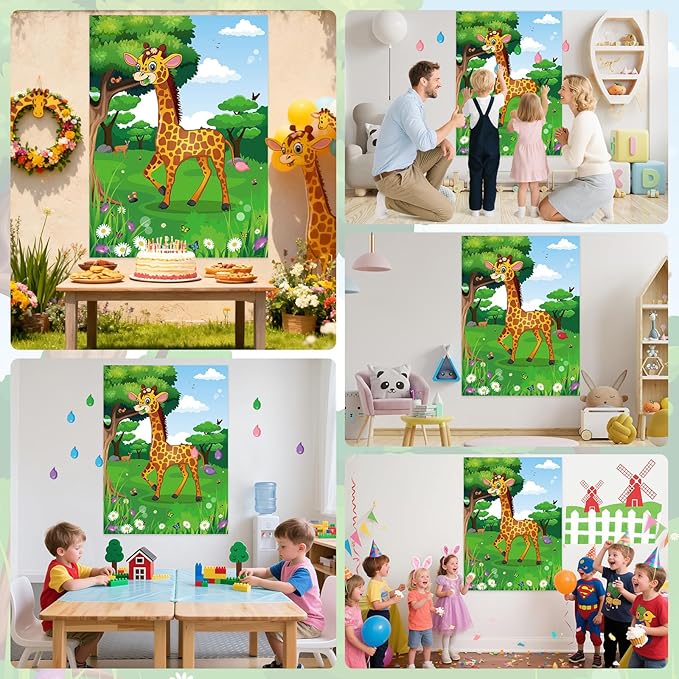PLULON Pin The Tail on The Giraffe Party Game, Birthday Games Big Giraffe Poster with Tail Stickers for Zoo Animal Party Favors Wall Decorations Birthday Activities Jungle Party Supplies