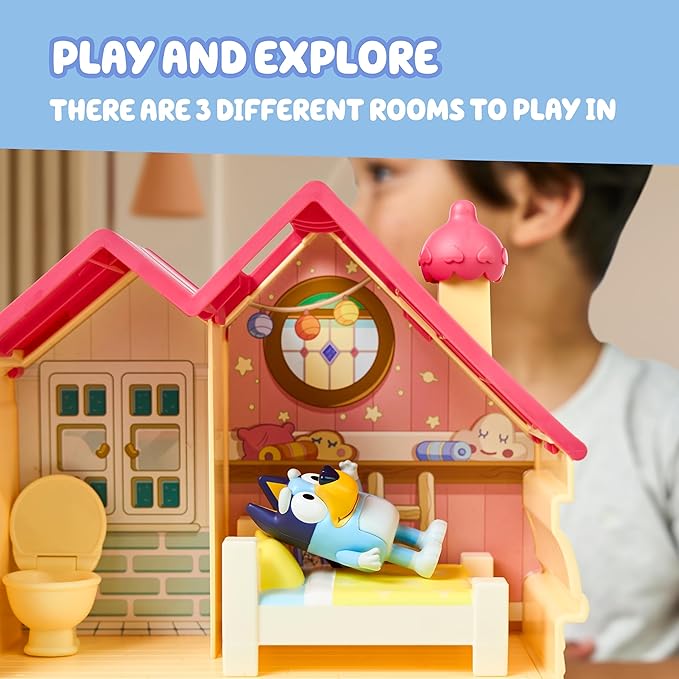 Mini House Playset with 2.5" Figure & 5 Accessories, 3 Room Play House Toys with Carry Handle, Compact Travel Toy