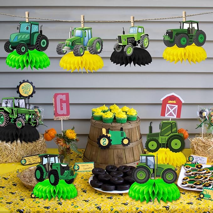8 Pcs Farm Green Tractor Party Decoration, Farm Tractor Theme Honeycomb Centerpieces 3D Double Sided Table Decorations, Photo Booth Props for Kids Boys Girls Birthday Party Supplies
