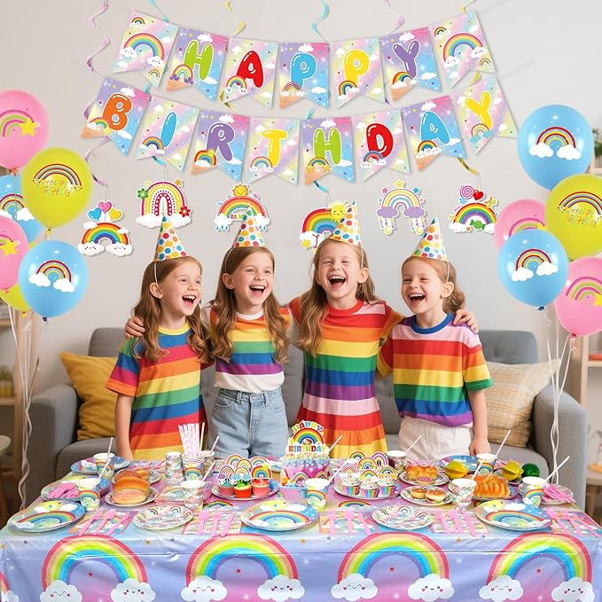 Rainbow Birthday Party Decorations - Rainbow Party Supplies including Banner, Plate, Cake Topper, Cup, Napkin, Balloon, Tablecloth - Serves 20