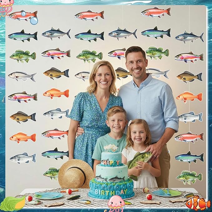 Pasimy 8 Pcs Fish Party Decoration Banner Fishing Garland Fisherman Birthday Party Photo Booth Fishing Supplies for Fisherman Competition Tournament Retirement Barbecue