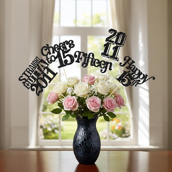 Gyufise 15Pcs Happy 15th Birthday Centerpiece Sticks Fifteen Straight Outta 2011 Table Flower Centerpieces Sticks for Cheers to 15th Birthday Party Supplies Black
