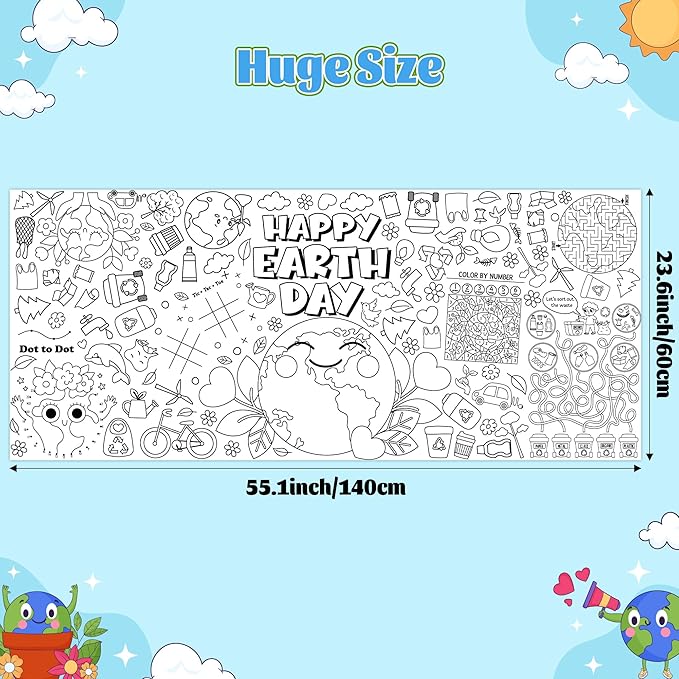 Dvbonike Jumbo Happy Earth Day Coloring Activity Poster - Planet Mini Fun Games DIY Drawing Color-in Paper 55.1 x 23.6 Inch Blank Doodle Art Banner, Home School Educational Event Party Supplies