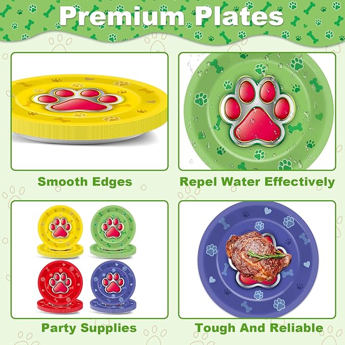 CHUNNIN 48Pcs Dog Paw Party Paper Plates for Dog Birthday Themed Party Supplies 7" Cute Pet Paw Print Disposable Dessert Plates for Boy Girls Kids Baby Shower Puppy Birthday Parties Decorations