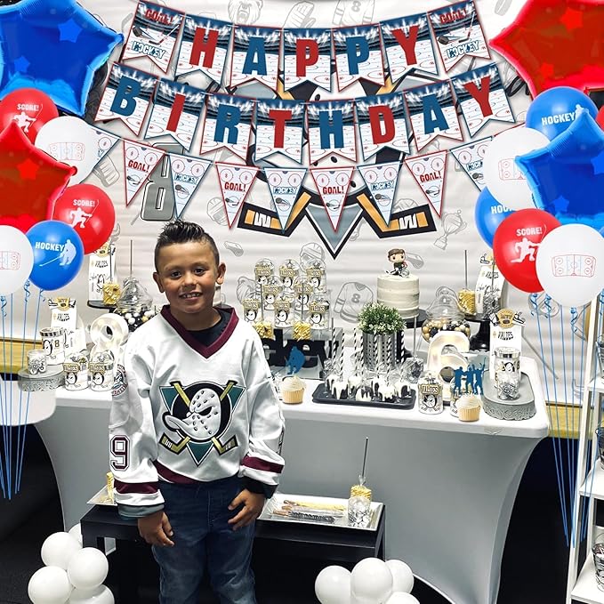 Hockey Party Decorations, Happy Birthday Banner, Ice Hockey Theme Cake Toppers, Latex Balloons and Tablecloth for Kids Party Sports Ice Hockey Birthday Party Supplies