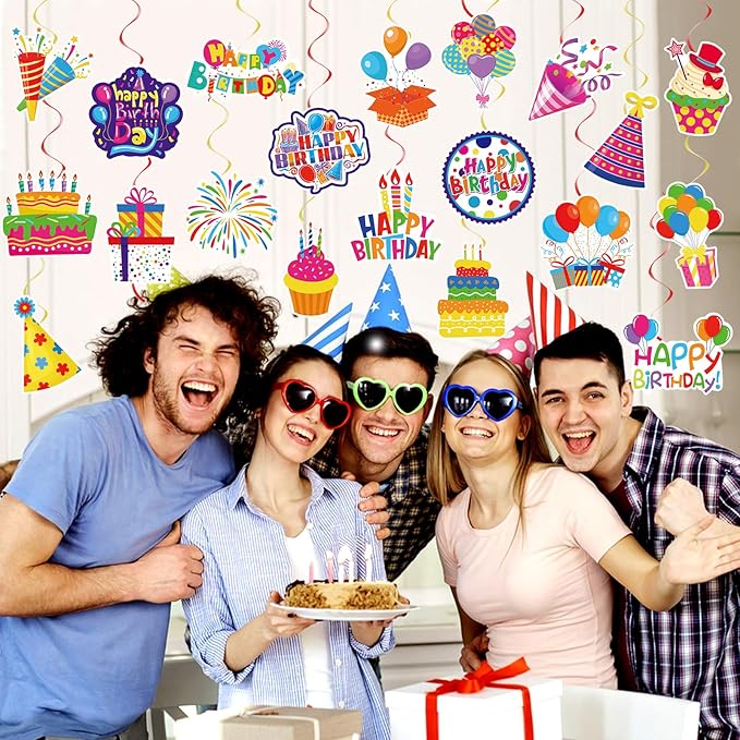 40Pcs Birthday Hanging Swirls, Colorful Cupcake Balloon Sign Swirl Decor Birthday Ceiling Decorations Happy Birthday Hanging Swirl Decorations for Baby Shower Birthday Party Supplies