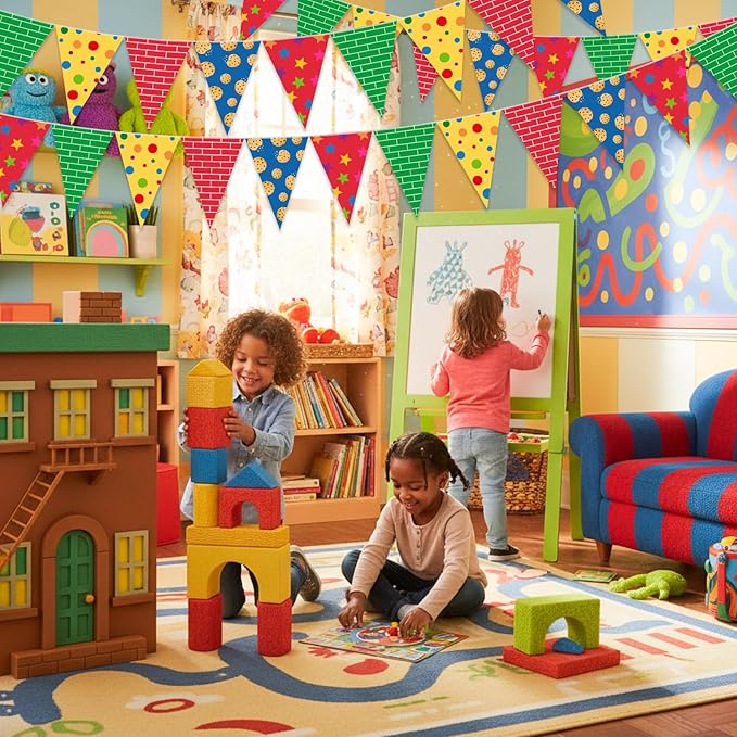 Tiamon 5 Pcs Red Brick Wall Birthday Banner Decoration Yellow Blue and Green Pennant Bunting 49.2 Ft Modern Red Brick Triangle Flag for Boy Cartoon Birthday Carnival Party Decoration