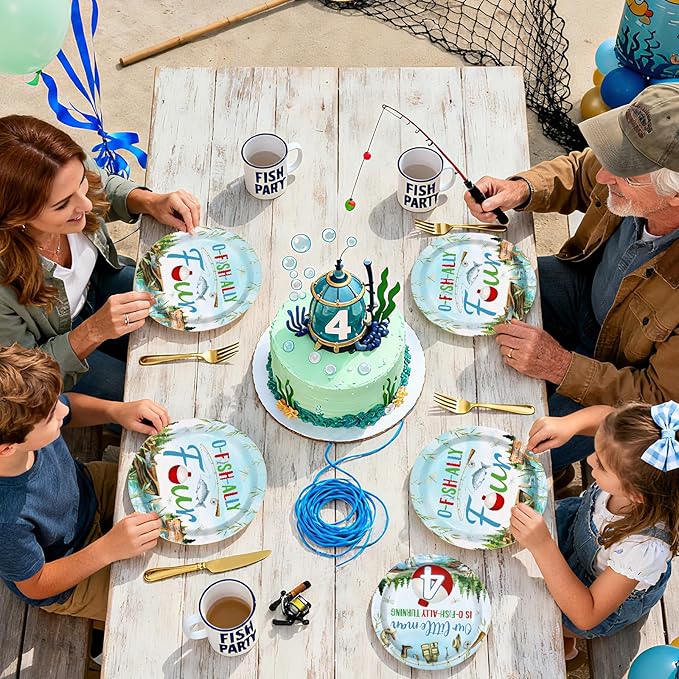 96Pcs Fishing 4th Birthday Party Decorations Gone Fishing Four Paper Plates and Napkins Ofishally Four Disposable Tableware Set for Fisherman Baby Shower 4th Birthday Party Supplies, Serves 24