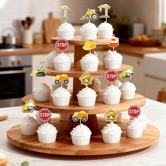36 Pack Construction Cupcake Toppers Stop Sign Dump Truck Excavator Tractor Party Cake Picks Decorations for Construction Theme Baby Shower Birthday Party Cake Decorations Supplies