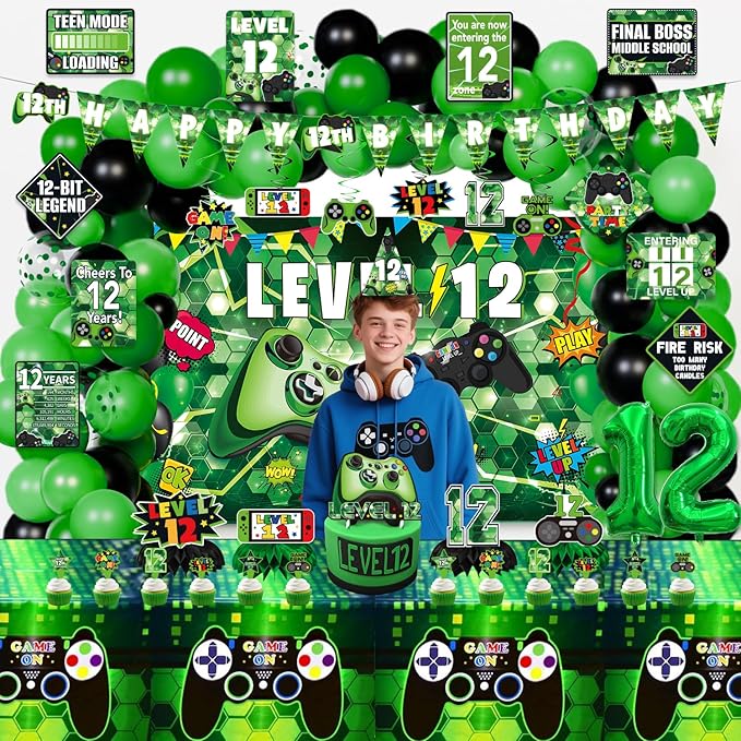 12th Birthday Decorations for Boys, 149Pcs Green Video Game level 12 Party Supplies for Boy 12th Birthday - Backdrop, Banner, Tablecloth, Centerpieces, Hanging Swirl, Hat, Wall Signs