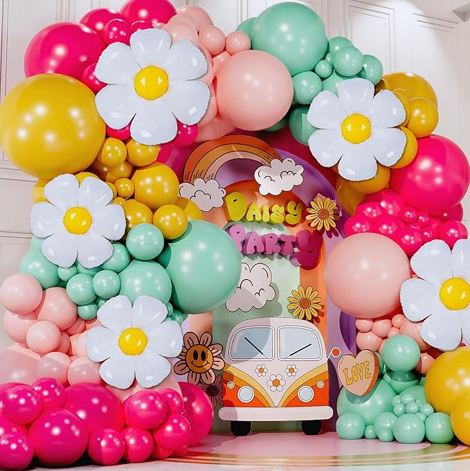 ALL-IN-1 Daisy Balloons Garland Kit & Arch with BONUS Daisies – Small and Large Pastel Pink Green Yellow Two Groovy Balloons – Daisy Party Decorations for Birthday or Baby Shower – Hippie Retro Floral