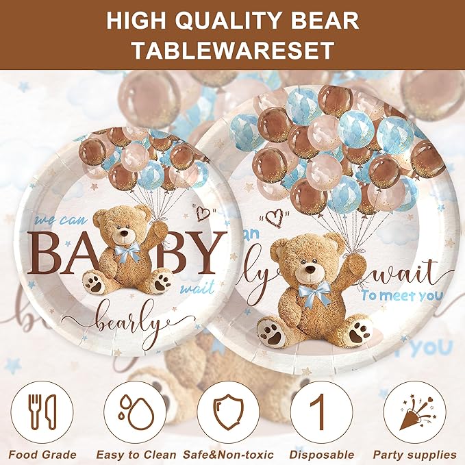 120PCS We Can Bearly Wait Party Supplies for Boys Girls Baby Shower Bear Themed Teddy Pregnancy Announcement Decorations Tableware Set Dessert Plates Napkins Cups Set for 20 Guests