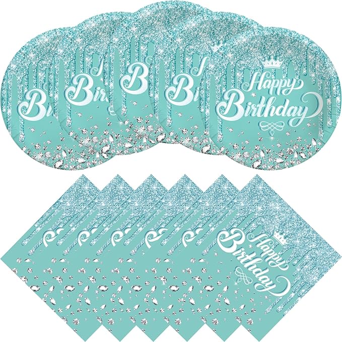 Teal and Silver Birthday Party Supplies, include 20 Plates and 20 Napkins, Teal and Silver Theme Birthday Party Decorations for Kid Girls Women Silver Glitter Party Supplies