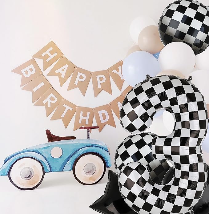 40 Inch Checkered Number Balloon 3 Black and White Race Car Birthday Balloons Baby Hippie Smile Party Shower Boys 3rd Birthday Race Car Theme Party Decor Supplies 5 Pcs