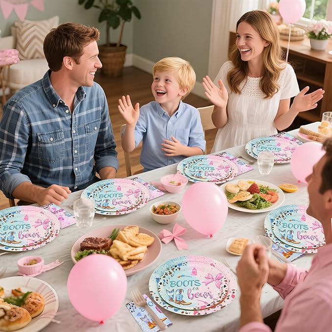 180Pcs Boots Bows Gender Reveal Birthday Party Supplies Serves 60，Gender Reveal themed Party Paper Plates and Napkins Set for Baby Shower Cowboy Boy or Girl Birthday Party Decorations.
