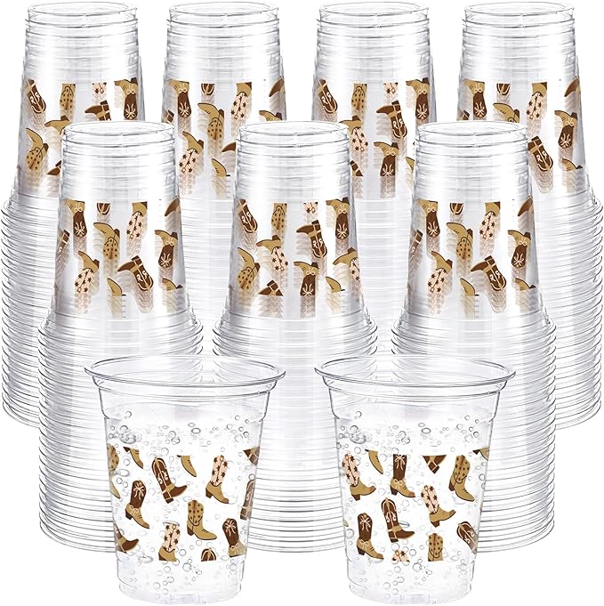 100 Pcs Western Plastic Cups 12 oz Clear Disposable Plastic Cowboy Cowgirl Drinking Cups Bulk for Boho Preppy Baby Shower Birthday Wild West Party Decoration Supplies(Cowboy Shoes,Brown)