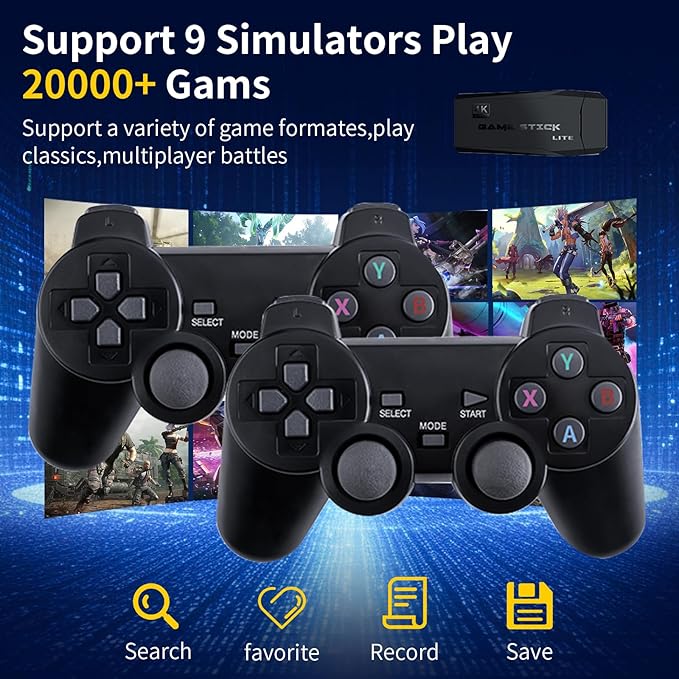 Wireless Retro Game Console with 2 Wireless Controllers - Built-in 20,000+ Classic Games, 4K HDMI TV Output, 18 Simulators, Plug and Play - 64GB TF Card Included - Gift for Kids & Adults