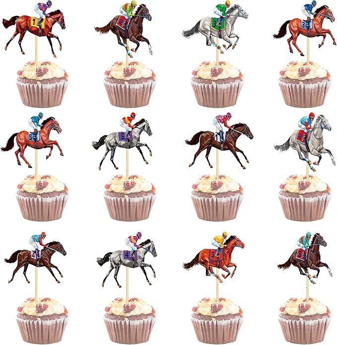 36 PCS Derby Cupcake Toppers, 12 Style Derby Party Decorations, Race Horse Cupcake Toppers Run for the Rose Toothpicks, Run for the Roses Theme Horse Decorations Horse Party Supplies