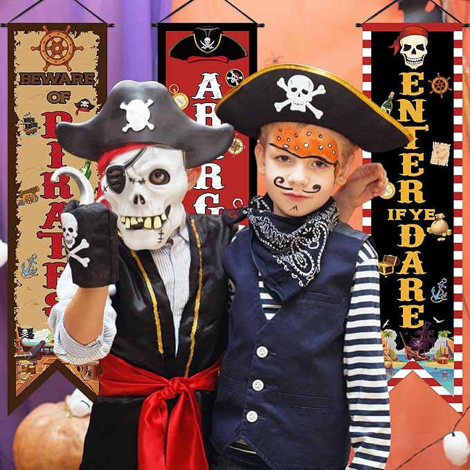 3 Pcs Pirate Banners Beware of Pirate Porch Sign Treasure Hunt Hanging Flags Skull Halloween Party Decorations Birthday Photo Props Backdrop Supplies for Outdoor Door Wall Yard Camping