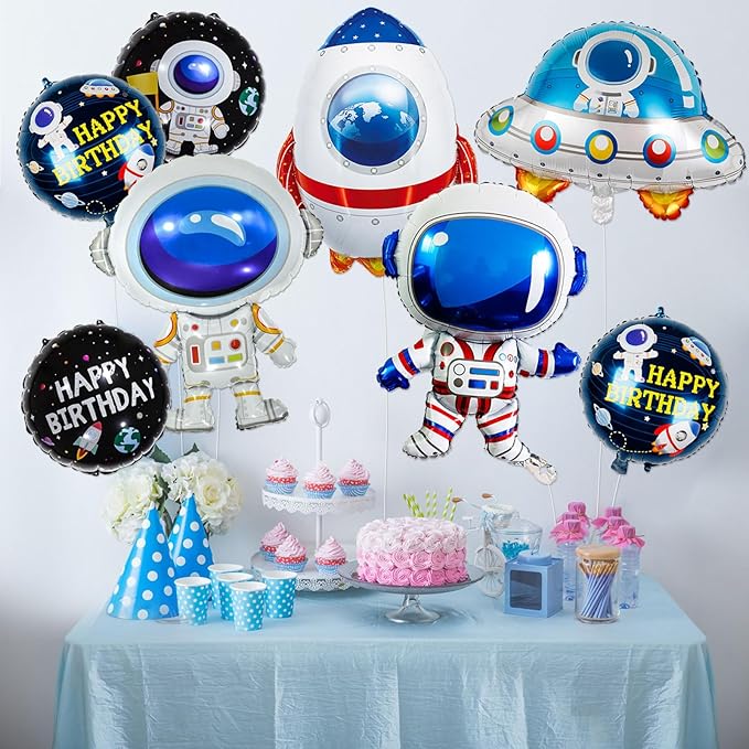 8 Pcs Space Balloons 33 Inch Astronaut Mylar Airship Planet Rocket Galaxy Foil Balloons for Outer Space Galaxy Themed Birthday Party Decorations
